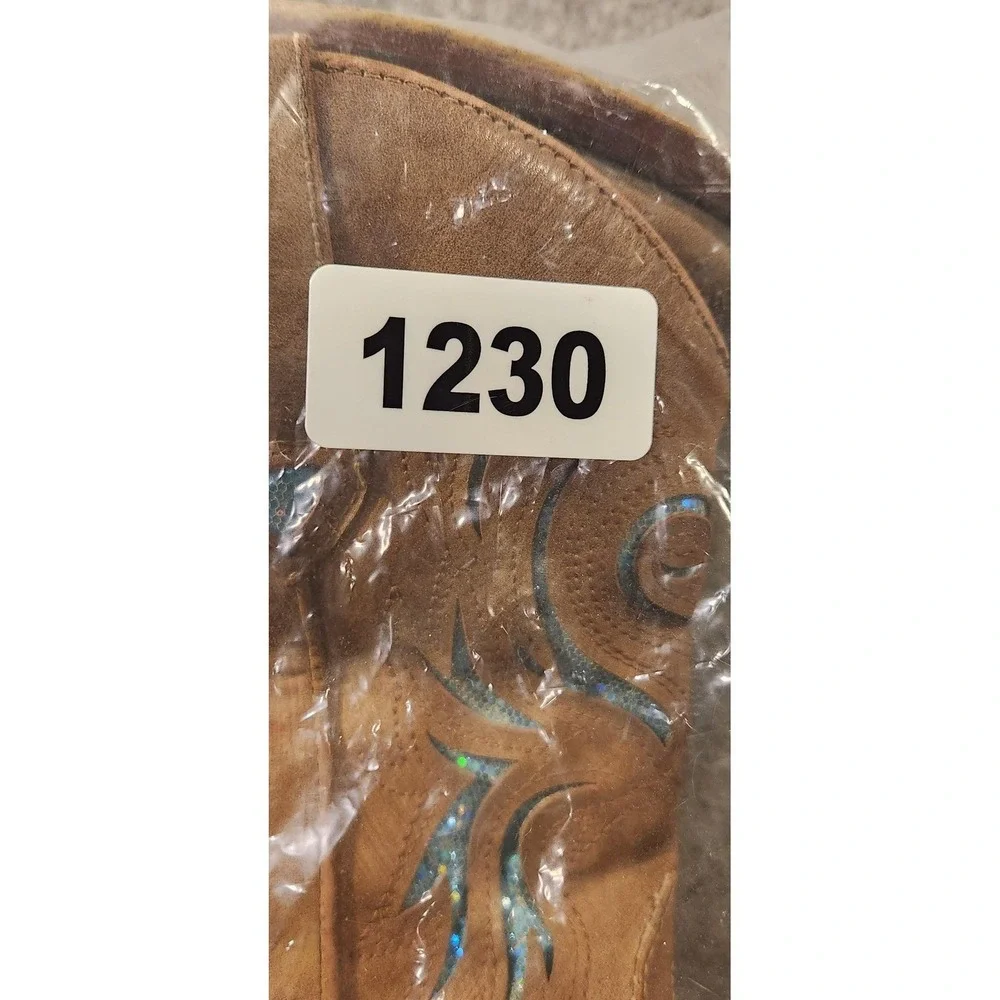Roper Boots Girls Size 3 Brown Western Cowboy‎ Square Toe Blue Glitter Inlay